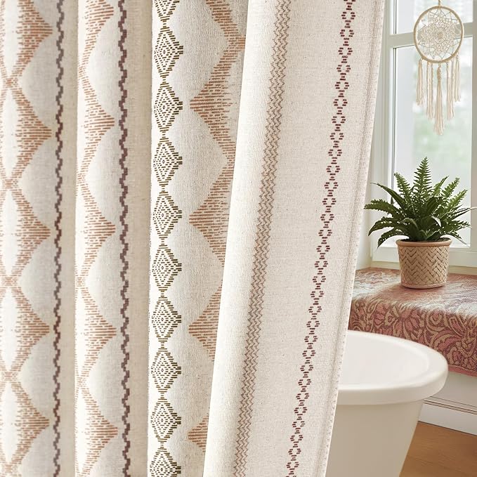 Boho Linen Shower Curtain for Bathroom with Striped Print,72" W x 78" L,Beige,Long Size
