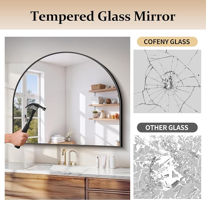 COFENY Arched Mirror, 36’’x30’’ Black Arch Mirrors for Bathroom Sink, Wide Bathroom Vanity Mirror with Metal Frame, Modern Wall Mounted Mirror for Bedroom Living Room Mantle Entryway