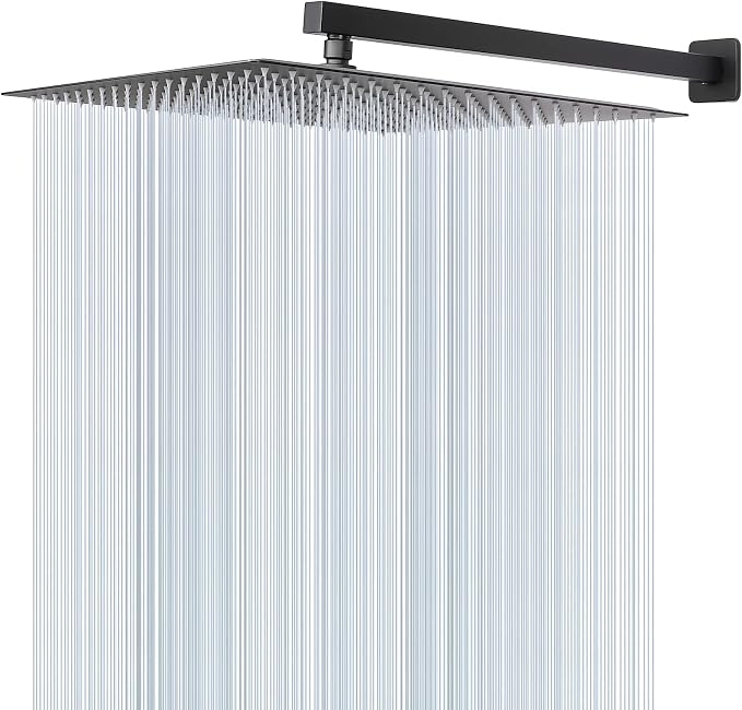 Shower Head with Extension Arm, High Pressure Square with ShowerArm, Stainless Steel Rainfall-Waterfall Full Body Coverage (16'' Shower with 20'' Arm, Matte Black)