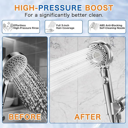 Shower Head with Handheld with 5 Spray Modes and Detachable Power Wash, High Pressure Shower Head with ON/OFF Switch for Pets, Clean Tub, Shower Heads with Stainless Steel Hose