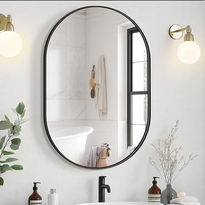 28x20 Black Oval Bathroom Mirror for Over Sink, Aluminum Frame | HD Reflection No Distortion, Aluminum Frame, Mounting Hardware for Vertical or Horizontal Mount