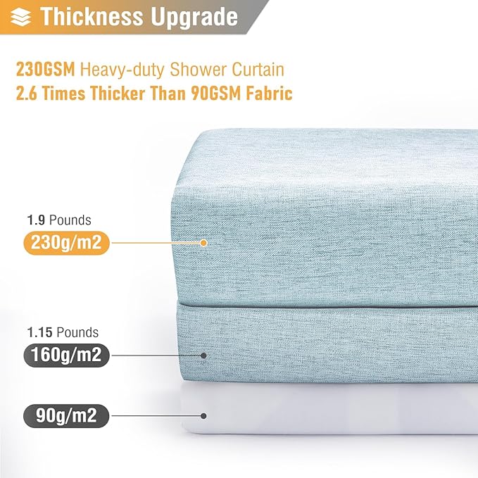 Long Linen Textured Waterproof Shower Curtain Set, 72x84, Fog Blue | Tall Size, 230GSM Polyester, Heavy Duty Cloth, Weighted Hem, 12 Plastic Hooks, Modern Luxury Hotel Style, Machine Washable