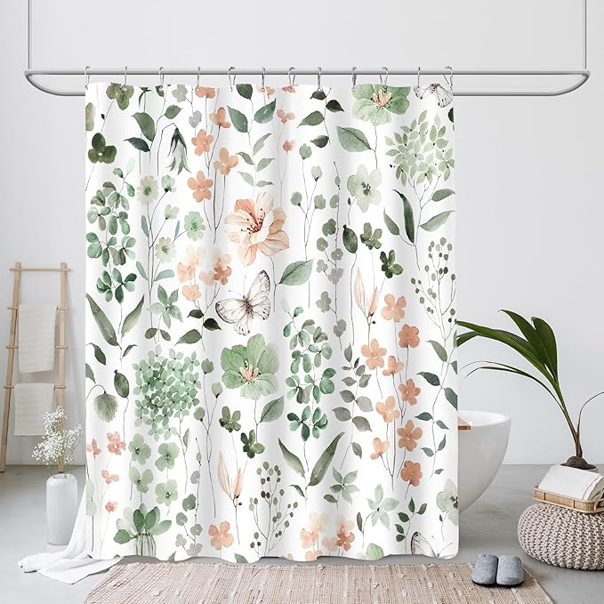 Small Stall Shower Curtain 36 x 72 Inch, Half Narrow Sage Green Floral Shower Curtain for Bathroom, Watercolor Flower Butterfly Fabric Shower Curtain Set with Hooks