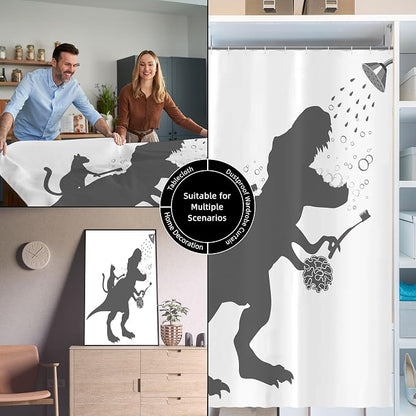Funny Dino Dinosaur Cat Kids Boy Fun Shower Curtain for Bathroom 72W*72H Inch Trex Raptor Silhouette Bathing Cartoon Animal Shadow Bathtub Decor Teen Cute Waterproof Polyester Fabric Set with 12 Hooks