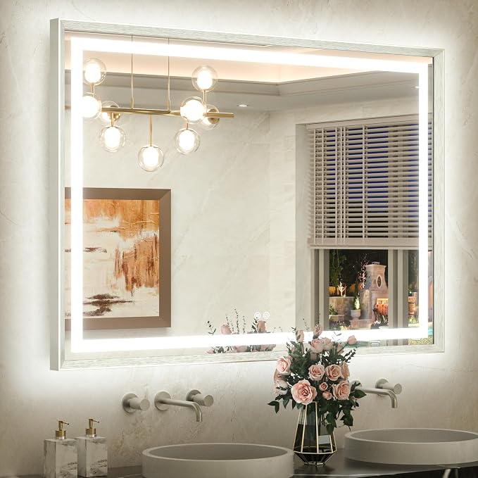 48 x 36 Bathroom LED Mirror Brushed Nickel Metal Frame Frontlit & Backlit Vanity Mirror Stepless Dimmable Anti-Fog 3 Colors White/Warm/Natural Light up Vanity Mirror Wall-Mounted