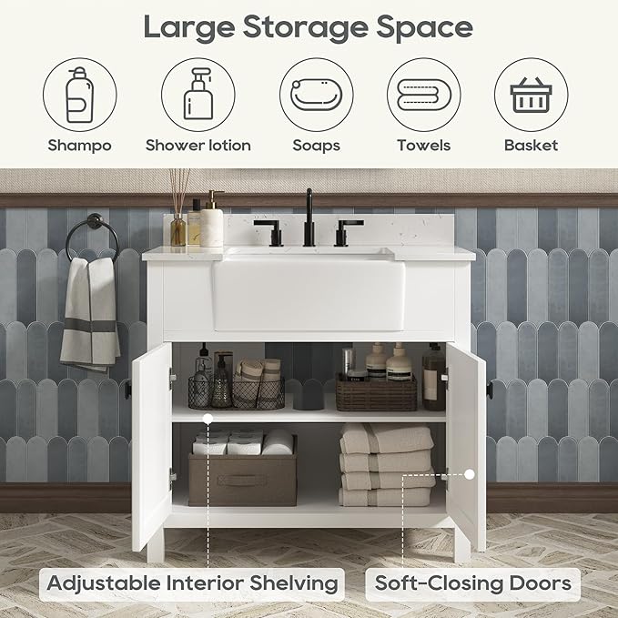 36 Inch Bathroom Vanity with Sink, Farmhouse Bathroom Sink Cabinet with Adjustable Feets, Solid Wooden Frame Single Sink Bathroom Vanity with Soft Closing Doors, Apron Farm Sink, White