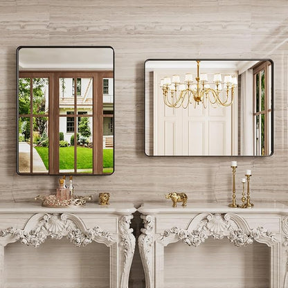 Black Bathroom Mirror 24X36 Inch, Black Metal Framed Mirror for Wall, Rounded Rectangle Matte Bathroom Vanity Mirror with Tempered Glass, Anti-Rust, Horizontal/Vertical