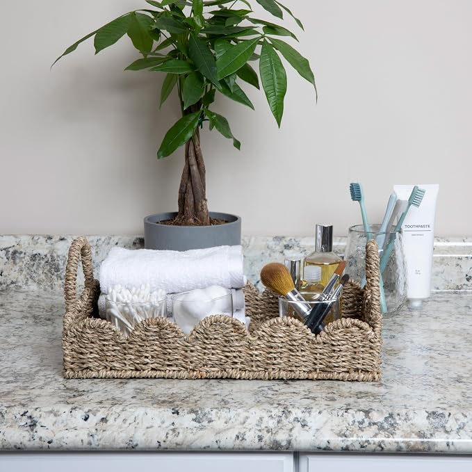 Household Essentials Seagrass Decorative Tray with Scalloped Edge, Handwoven Natural Wicker Organizer Basket with Handles & Iron Frame for Coffee Tables, Bathrooms & Countertops