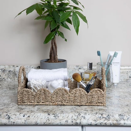 Household Essentials Seagrass Decorative Tray with Scalloped Edge, Handwoven Natural Wicker Organizer Basket with Handles & Iron Frame for Coffee Tables, Bathrooms & Countertops