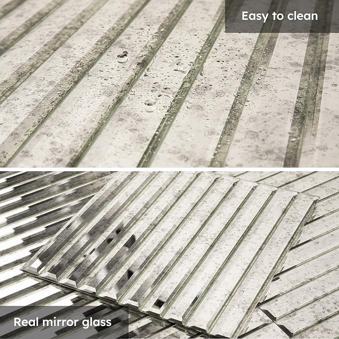 Peel and Stick Mirror Backsplash Tile, Light Antique, 11.8 x 11.8 Inch, Beveled Mirror Strip Tile for Kitchen Bathroom Bar Accent Wall, Pack of 5 Sheets