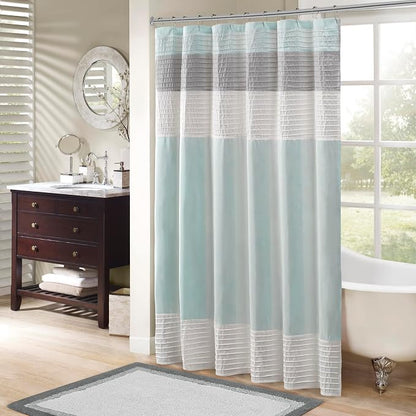 Madison Park Amherst Bathroom Shower Curtain Faux Silk Pieced Striped Modern Microfiber Bath Curtains, 72x72 Inches, Aqua (Pack of 4)