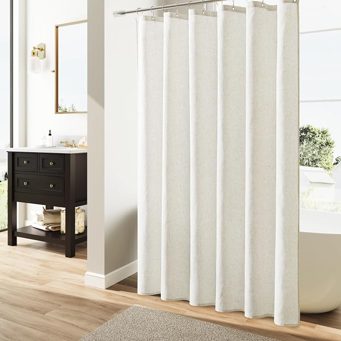 Extra Long Cream Shower Curtains 96 Inch Natural Linen Weighted Fabric Shower Curtain Set Tall Bath Curtain with See Through Top Window and Hooks Country Farmhouse Style,Cream,72x96