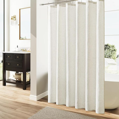 Extra Long Cream Shower Curtains 96 Inch Natural Linen Weighted Fabric Shower Curtain Set Tall Bath Curtain with See Through Top Window and Hooks Country Farmhouse Style,Cream,72x96