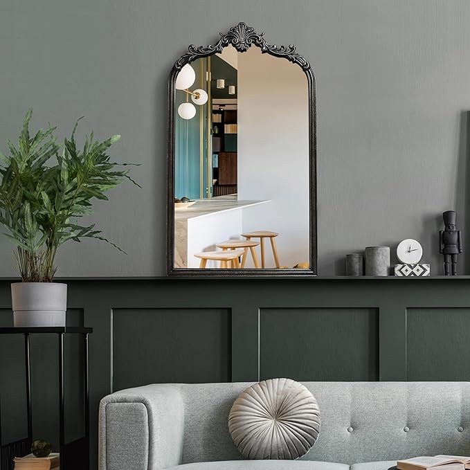 English Estate Carved Arch Wood Wall Mirror, Mirror for Entryway, Living Room, Bathroom, Distressed Black, 20.4x33