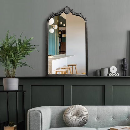 English Estate Carved Arch Wood Wall Mirror, Mirror for Entryway, Living Room, Bathroom, Distressed Black, 20.4x33