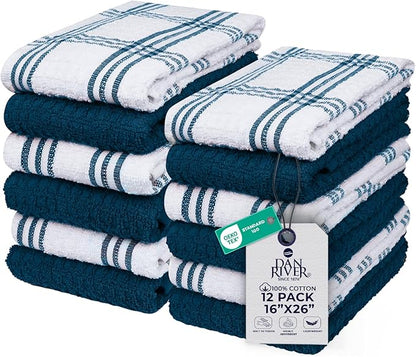 DAN RIVER Blue Opal Kitchen Towels,12 Pack,16x26 Inc Absorbent Dish Towels | 100% Cotton Absorbent Soft cotton kitchen towels for drying dishes, Quick Dry, Dish Towels for kitchen,Tea and Bar towels set