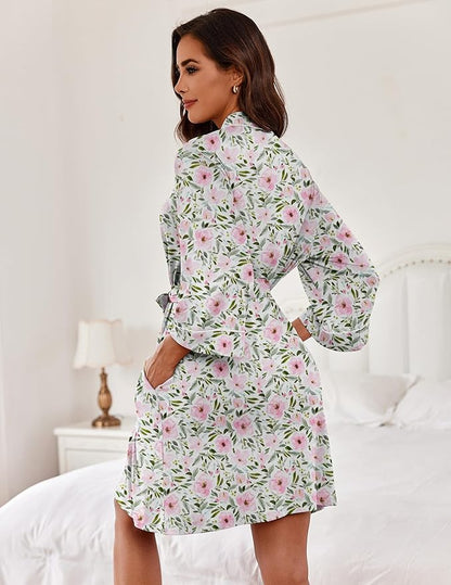 Ekouaer Women Kimono Robes Knee Length Knit Bathrobe Lightweight Soft Sleepwear V-neck Casual Ladies Loungewear
