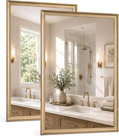 2 Pack 22 x 30 Inch Brush Gold Bathroom Mirror for Over Sink | Curved Aluminum Frame Rectangular Vanity Mirror, HD Tempered Glass, Rust-Resistant Wall Mirror for Bedroom & Entryway