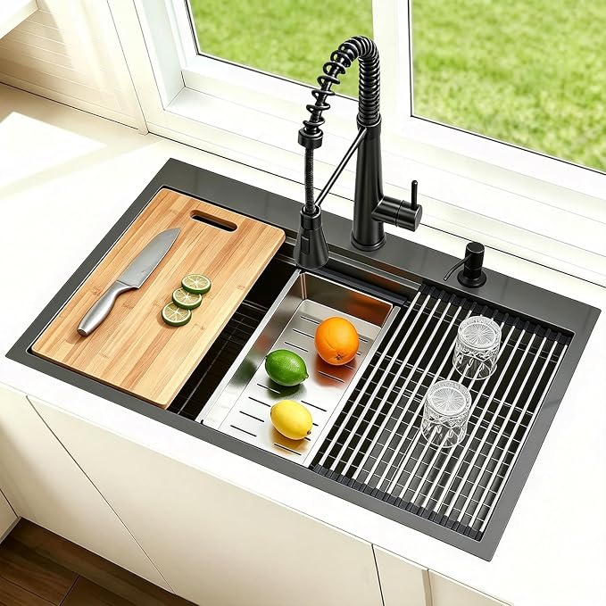 33x22 Black Drop In Kitchen Sink, 33 Inch Topmount Gunmetal Black Stainless Steel Single Bowl Overmount Double Ledges Workstation Sink with Accessories
