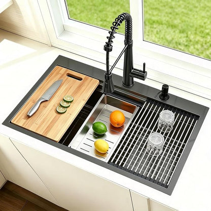 33x22 Black Drop In Kitchen Sink, 33 Inch Topmount Gunmetal Black Stainless Steel Single Bowl Overmount Double Ledges Workstation Sink with Accessories