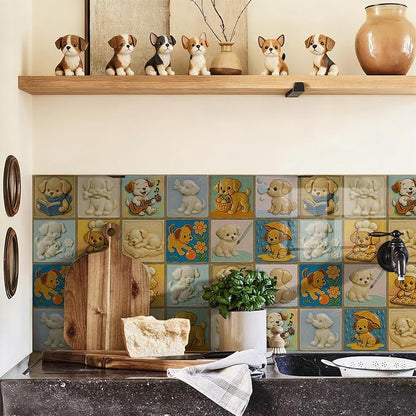 Easy Peel Stick wall Tile Stickers 6x6in Stick on backsplash Tiles,12Pcs | removable 3D tile for kitchen RV bathroom laundry backsplash decor,Ultra-high-definition printed puppy pattern