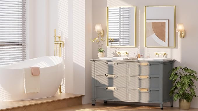 Keonjinn 28x36 Inch Gold Bathroom Mirror for Over Sink, Vanity Mirror | HD Tempered Glass, Rectangular, Brushed Framed, Square Corner, Modern Farmhouse, Wall Mounted Mirrors, Aluminum Alloy