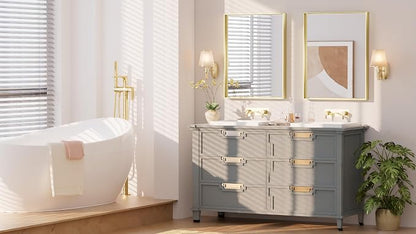 Keonjinn 28x36 Inch Gold Bathroom Mirror for Over Sink, Vanity Mirror | HD Tempered Glass, Rectangular, Brushed Framed, Square Corner, Modern Farmhouse, Wall Mounted Mirrors, Aluminum Alloy