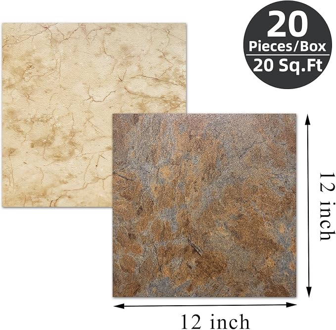 Peel and Stick Floor Tile 12 x 12 Inch Self Adhesive Marble Vinyl Flooring | waterproof and removable sticker tiles, 20-pack covers 20 Sq. Ft, DIY tiles for bedroom, bathroom, kitchen and dining room