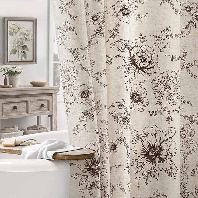 Farmhouse Floral Linen Shower Curtain, Vintage Brown Pattern Rustic Shower Curtains for Bathroom, Tan Taupe,72x72