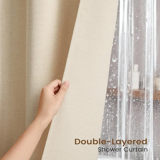 BTTN 3 in 1 Shower Curtain Set - 72x90 Inch Extra Long Linen Textured Cloth Shower Curtain and Clear Liner with Plastic Hook, Large Neutral Modern Waterproof Shower Curtain for Bathroom, Cream/Beige