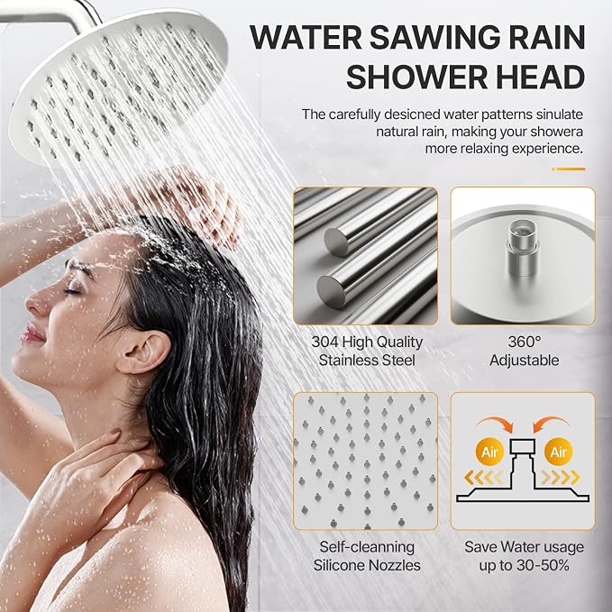 Shower Faucet Set 8IN Brass Rough-In Valve Body Trim Kit Rainfall Included Handle Accessories Complete 2 Functions with Rain Head and Handheld Bathroom Systems (8'', Brushed Nickel)
