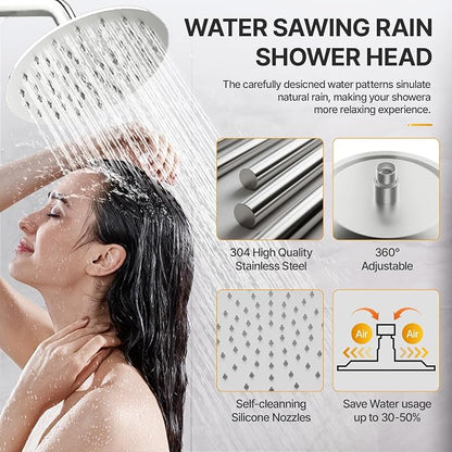Shower Faucet Set 8IN Brass Rough-In Valve Body Trim Kit Rainfall Included Handle Accessories Complete 2 Functions with Rain Head and Handheld Bathroom Systems (8'', Brushed Nickel)
