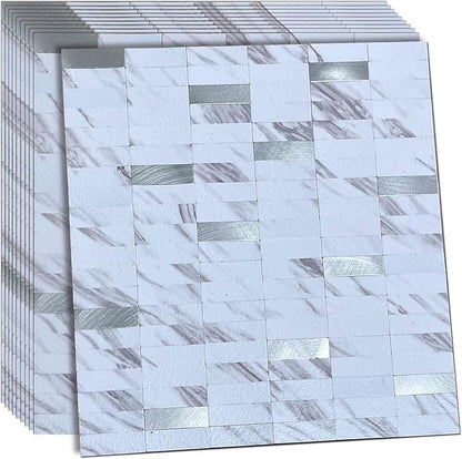 XUANINY Peel and Stick Tile Backsplash Self- Adhesive Wall Tiles Aluminum Mosaic Sticker for Kitchen (11.33"x11.92" Per Sheet, Pack of 10 pcs) (White Marble)