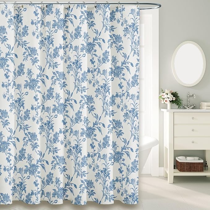 WOUVMA Extra Long Shower Curtain Blue Floral Cotton Cottagecore Shower Curtain for Bathroom 72" W x 84" L