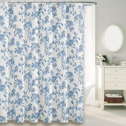 WOUVMA Extra Long Shower Curtain Blue Floral Cotton Cottagecore Shower Curtain for Bathroom 72" W x 84" L