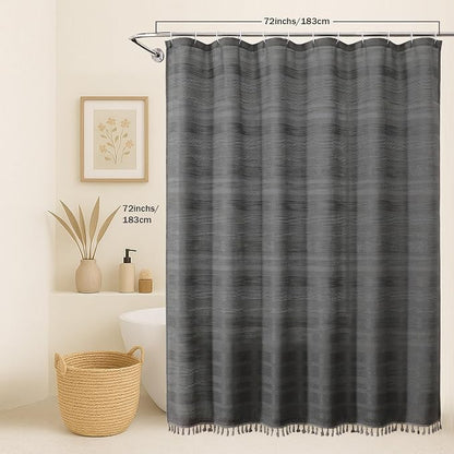 Boho Shower Curtain 72 Inch Long, Modern Farmhouse Rustic Striped Tassel Fabric Shower Curtain for Bathroom, Heavy Duty Vintage Country Bathroom Decoration, 72Wx72L Inches, Charcoal Grey