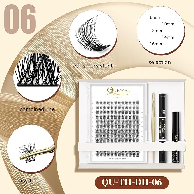 QUEWEL DIY Eyelash Extensions Kit, Lash Clusters 144 Pcs, Clusters Eyelash | Applicator Tool, Super Hold Cluster Lashes Bond and Seal, Clusters Lash Glue Remover Easy to Apply at Home(S012-Kit)