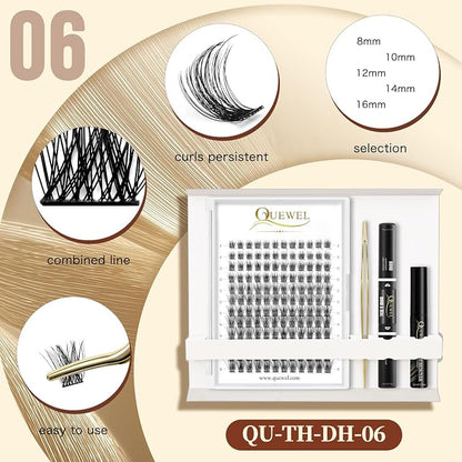 QUEWEL DIY Eyelash Extensions Kit, Lash Clusters 144 Pcs, Clusters Eyelash | Applicator Tool, Super Hold Cluster Lashes Bond and Seal, Clusters Lash Glue Remover Easy to Apply at Home(S012-Kit)