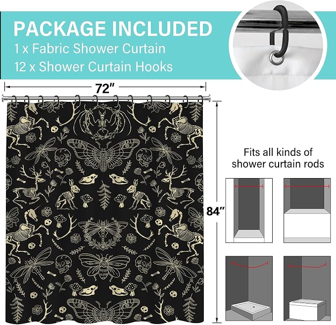 Black Gold Gothic Skeleton Skull Shower Curtain Set 72x84 Inches | Black Gold Gothic Skeleton Skull Print, Western Spooky Housewarming Gothic Lover Guest Bathroom Decor, With Hooks