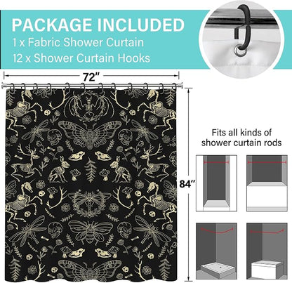 Black Gold Gothic Skeleton Skull Shower Curtain Set 72x84 Inches | Black Gold Gothic Skeleton Skull Print, Western Spooky Housewarming Gothic Lover Guest Bathroom Decor, With Hooks