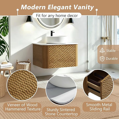 24 Inch Modern Bathroom Vanity with Ceramic Sink, Floating Bathroom Vanity Cabinet with Sintered Stone Top&Solid Wood Hammered Frame, Single Sink Bathroom Vanities w/Soft-Close Drawers,Natural