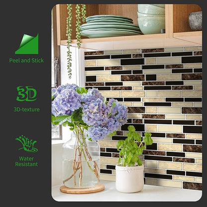 LONGKING 10-Sheet Brown Peel and Stick Backsplash Tile for Kitchen, Vinyl 3D Self-Adhesive Tile Stickers for Kitchen, Bathroom, Counter Top | Peel and stick backsplash, vinyl PVC, Brown, waterproof, kitchen bathroom wall, 10-sheet, set A