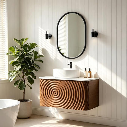 24" Floating Bathroom Vanity with Sink, Mid-Century Wall Mounted Bathroom Vanity Cabinet with Waved Decor, Ceramic Vessel Basin, Sintered Stone Top, Soft Close Storage Drawer, Walnut