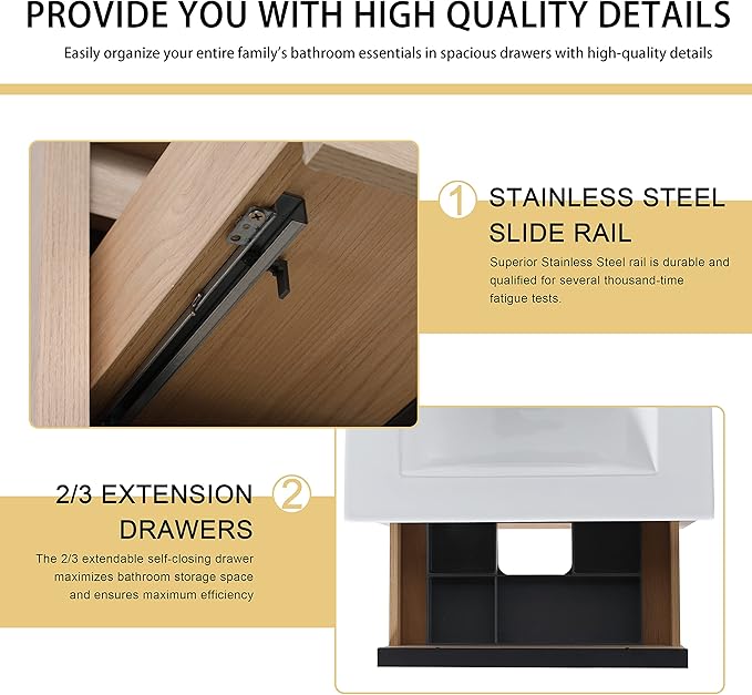 Malwee 24" Floating Bathroom Vanity with Sink, 24 Inch Single Sink Wall Mounted Bathroom Vanity Combo, with 2 Drawers and White Ceramic Basin Top, Bath Wall-Hung Cabinet Set with Storage.MA02524PLO