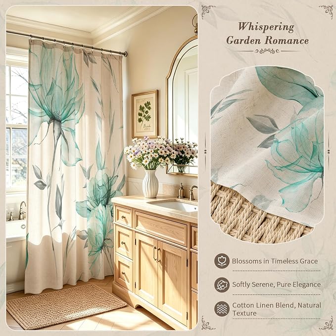 Teal Floral Linen Shower Curtain, Watercolor Botanical Design, 72 x 72 | Boho Floral Design, Watercolor Botanical Style, Ink Painting Flowers & Leaves, Linen Blend Fabric Curtain