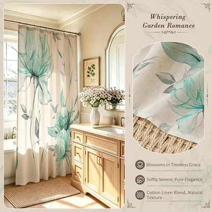 Teal Floral Linen Shower Curtain, Watercolor Botanical Design, 72 x 72 | Boho Floral Design, Watercolor Botanical Style, Ink Painting Flowers & Leaves, Linen Blend Fabric Curtain