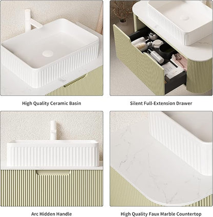 Yayzy 36" Floating Bathroom Vanity with Sink, Solid Wood Fluted Cabinet, White Fluted Square Ceramic Basin & Faux Marble Top, Soft-Close Drawer, Pre-Assembled, Light Green