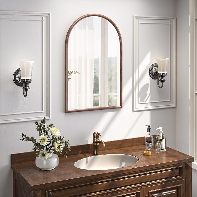24"x36" Arch Wall Mirror for Wall, Wall Mounted Vanity Mirror for Bedroom, Wood Grain Finish Frame Mirror with Tempered Glass, Vintage Decorative for Bathroom, Entryway, Living Room, Walnut