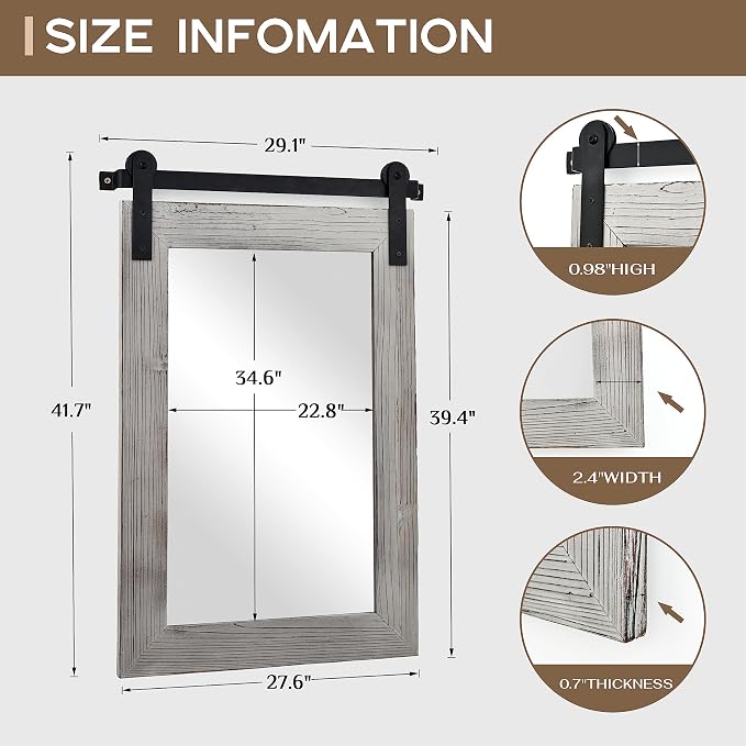 COGOOD Farmhouse Bathroom Mirrors for Over Sink - 42 x 29 Grey | Rustic Barn Door Wood Framed Vanity Mirror for Entryway, Living Room, Bedroom, Dresser Wall Decor