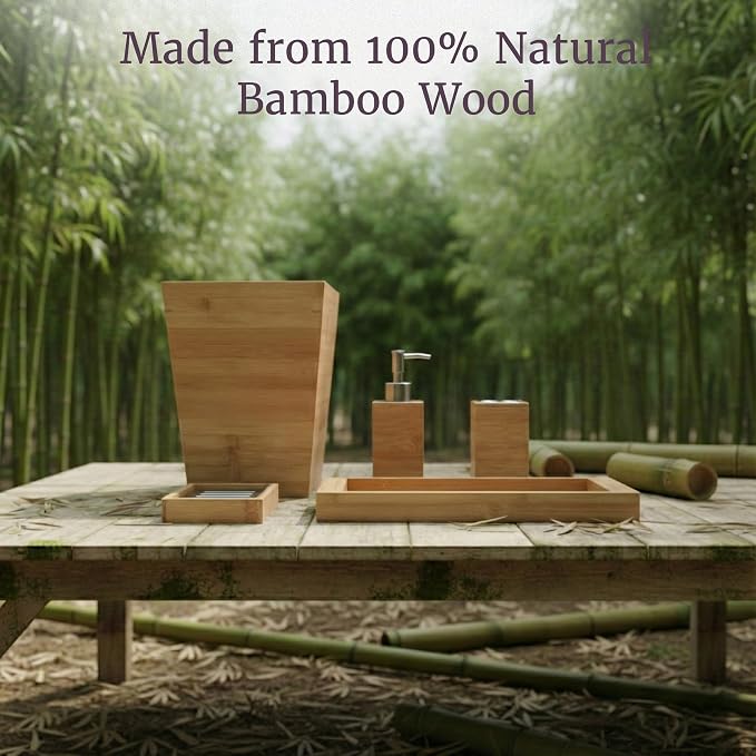 Lavish Home 5-Piece Bathroom Decor Set - Bamboo Bathroom Accessories with Trash Bin, Soap Dish, Soap Dispenser, Toothbrush Holder, and Tray (Natural)